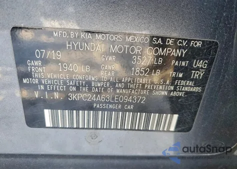 2020 Hyundai Accent Se z USA, uszkodzony, nr VIN 3KPC24A63LE094372